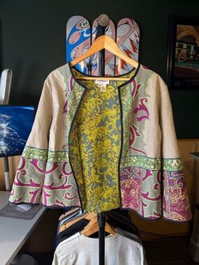 Peck & Peck Cardigan Womens Large Linen Blend Paisley Printed Open Front Jacket